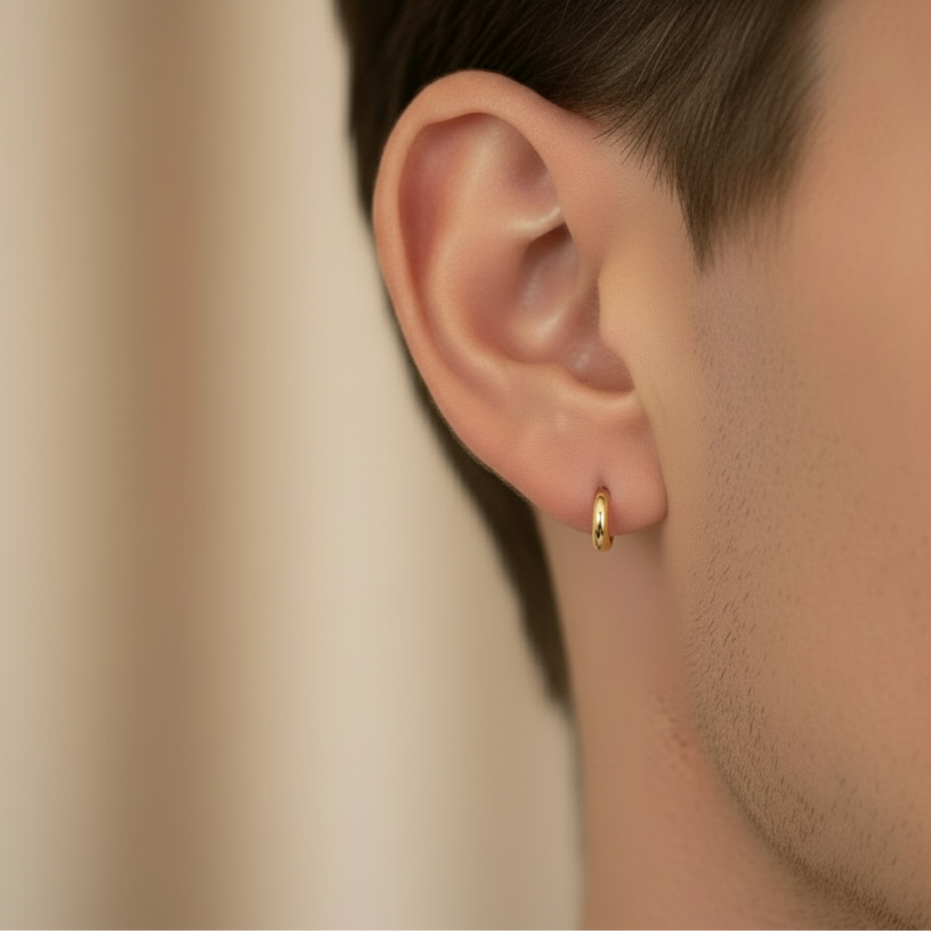 Créoles Les Petites Dorées portées, petites créoles dorées 10mm, acier inoxydable, style minimaliste élégant
