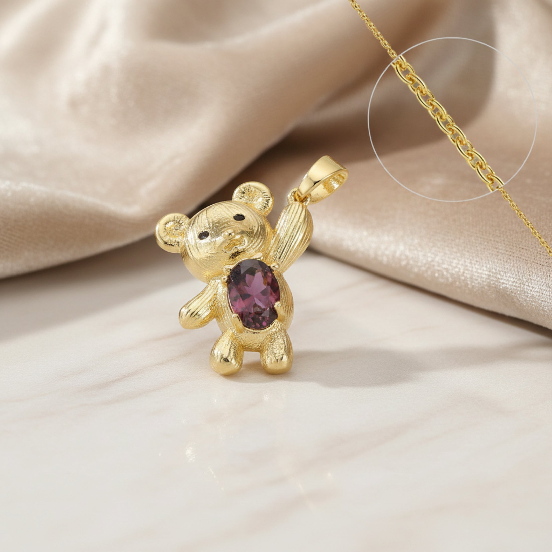 Collier Doudou Luxueux - Collier doré pendentif nounours zircon cubique ambre rouge
