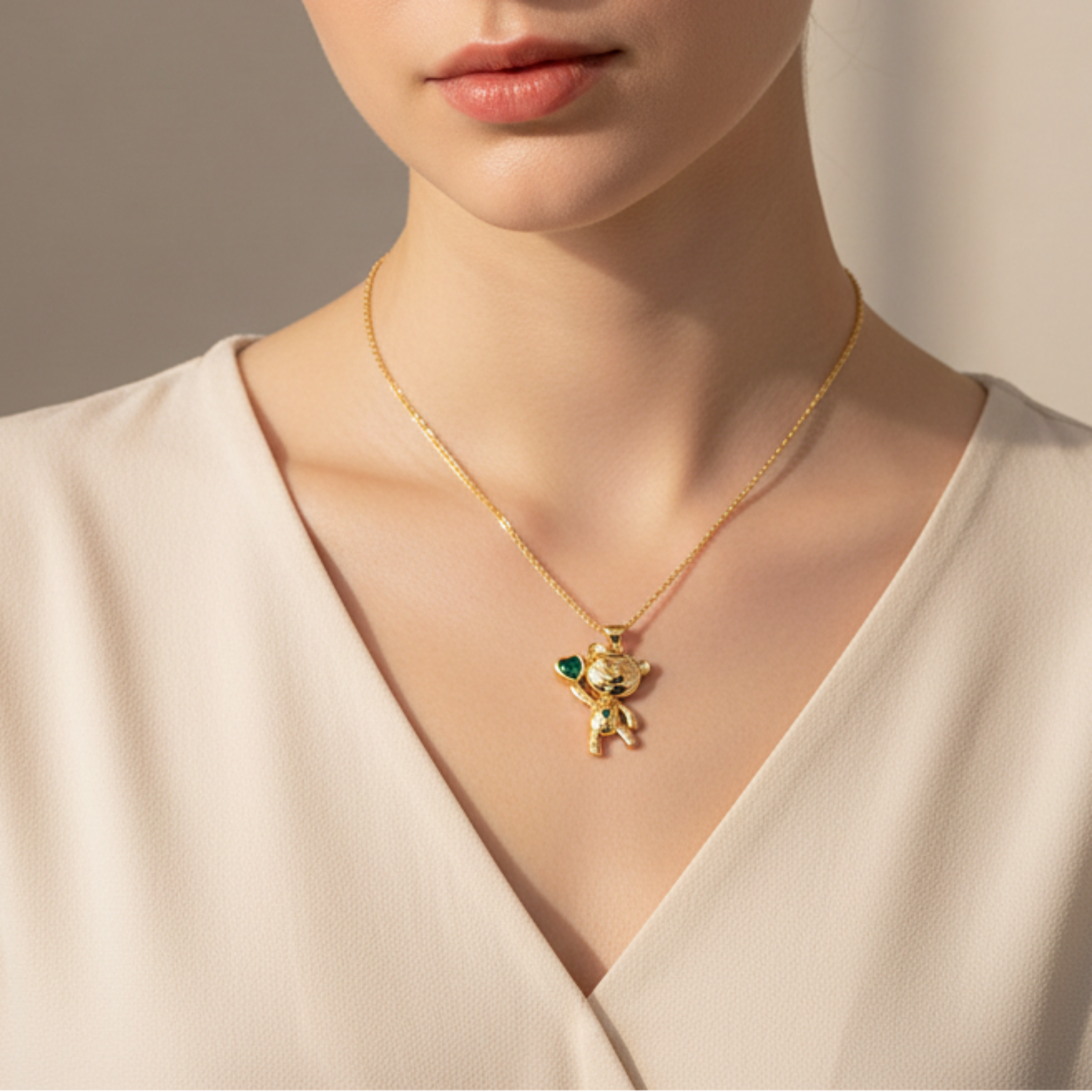 Collier pendentif ours doré porté au décolleté, cristal vert émeraude en forme de cœur, finition plaqué or.