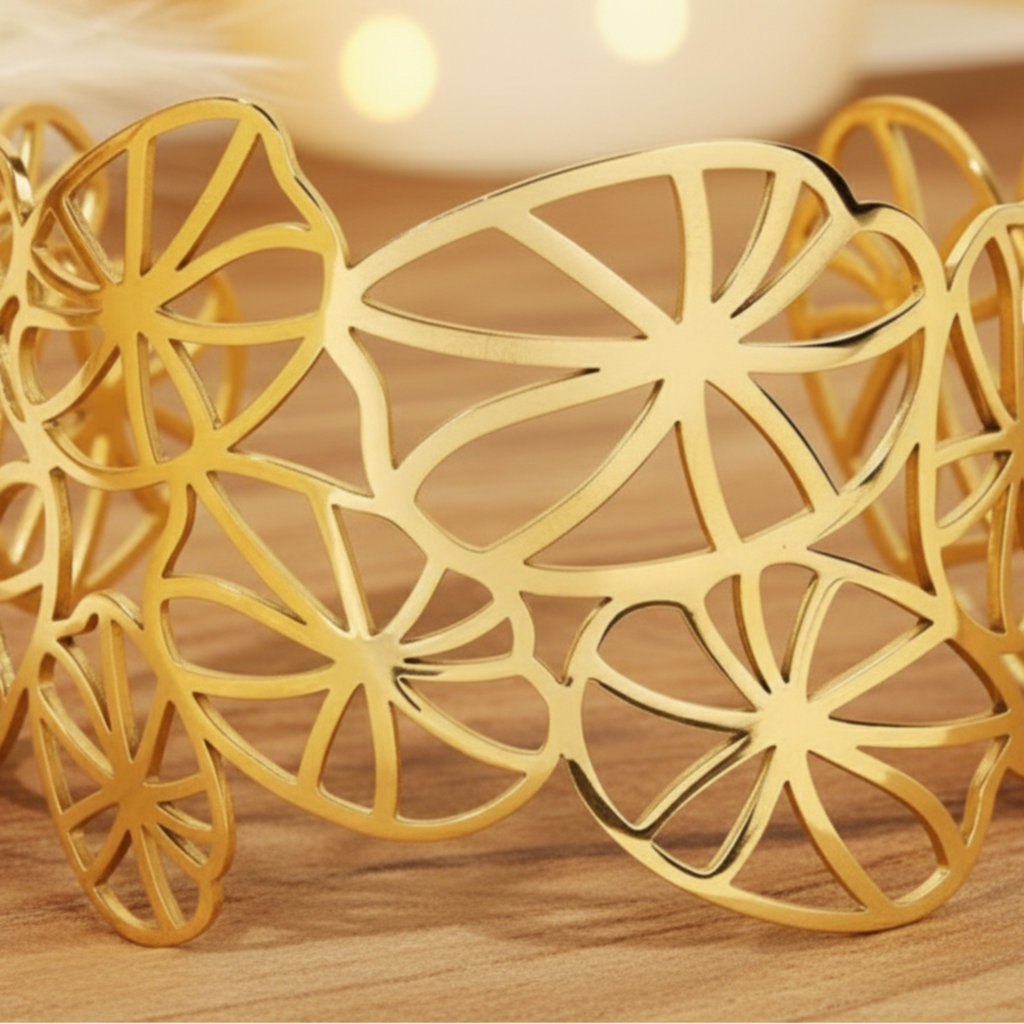 Bracelet Manchette Charline dorée, détails nénuphars ajourés, acier inoxydable, vue détaillée
