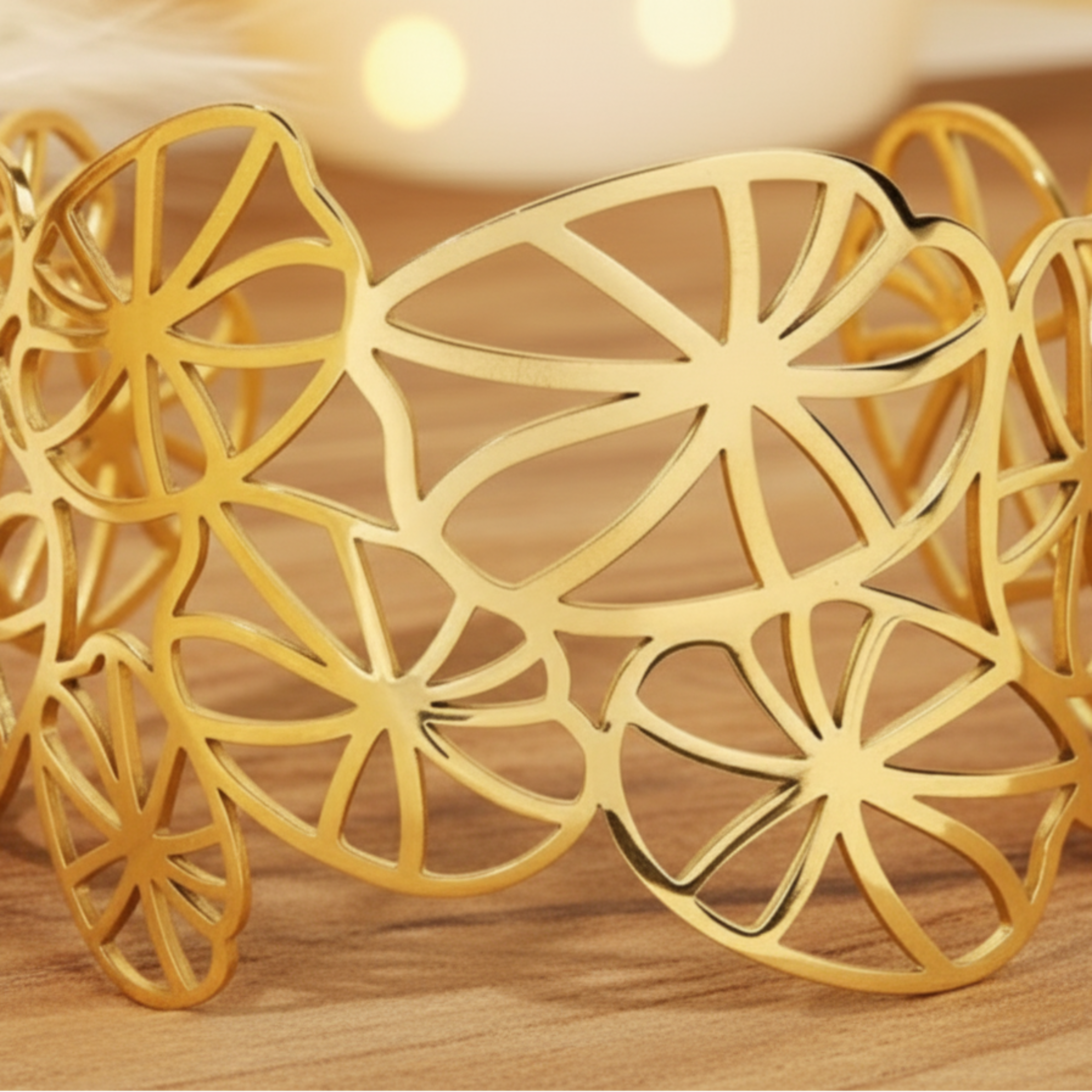 Bracelet Manchette Charline dorée, détails nénuphars ajourés, acier inoxydable, vue détaillée
