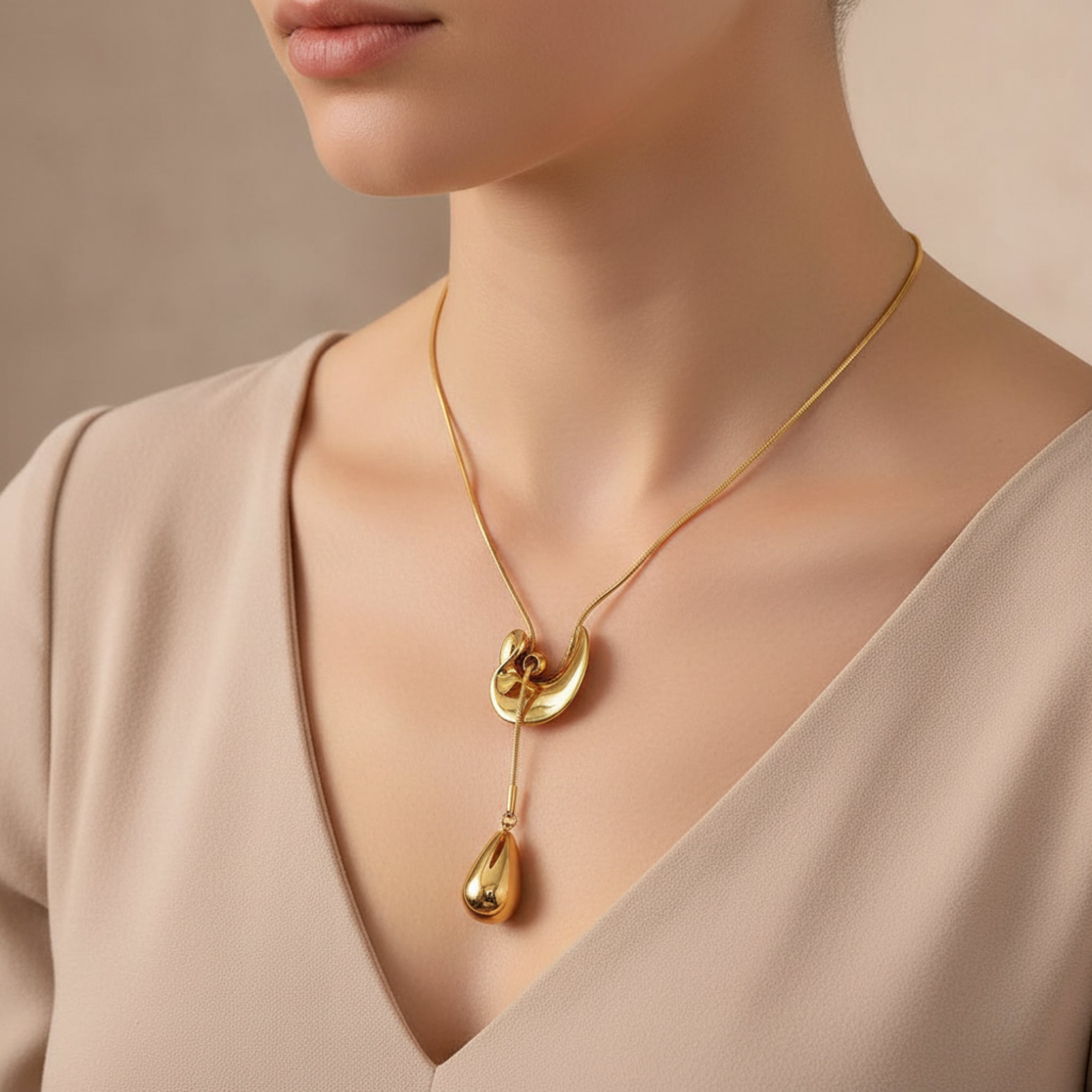 Femme portant le collier Sublime doré ajustable, pendentif goutte élégant sur chaîne fine