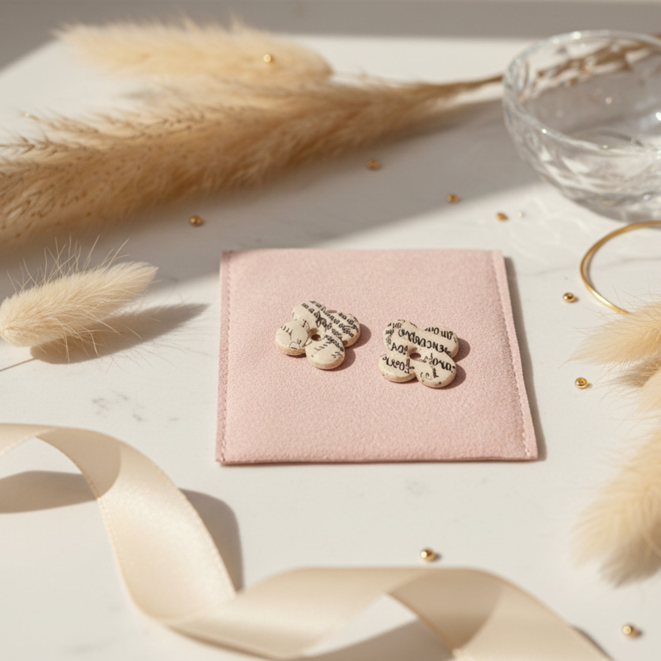 Pampilles Mots Doux taille petite 2,5 cm - Pâte polymère résine beige motif écriture retournée
