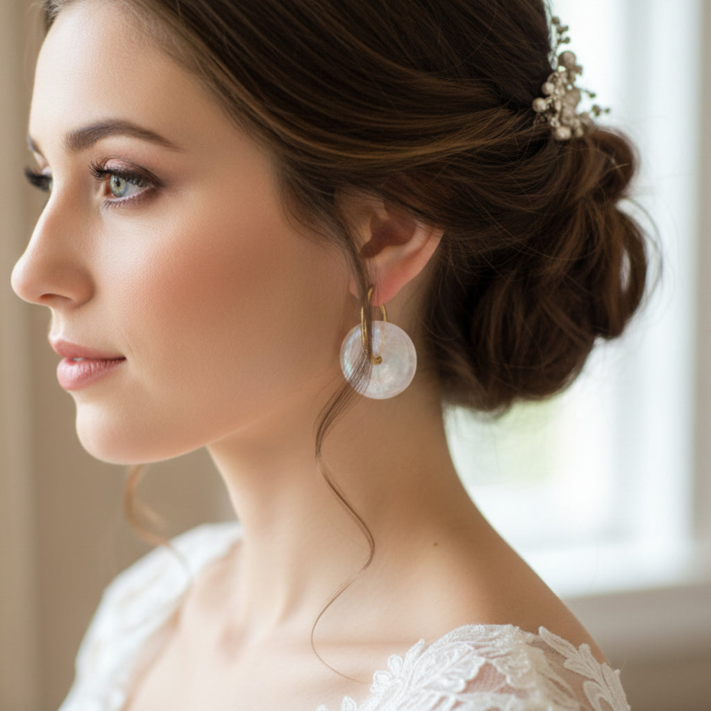 Pampilles Promesse portées - Boucles d'oreilles mariage blanc nacré fait main ÔParis
