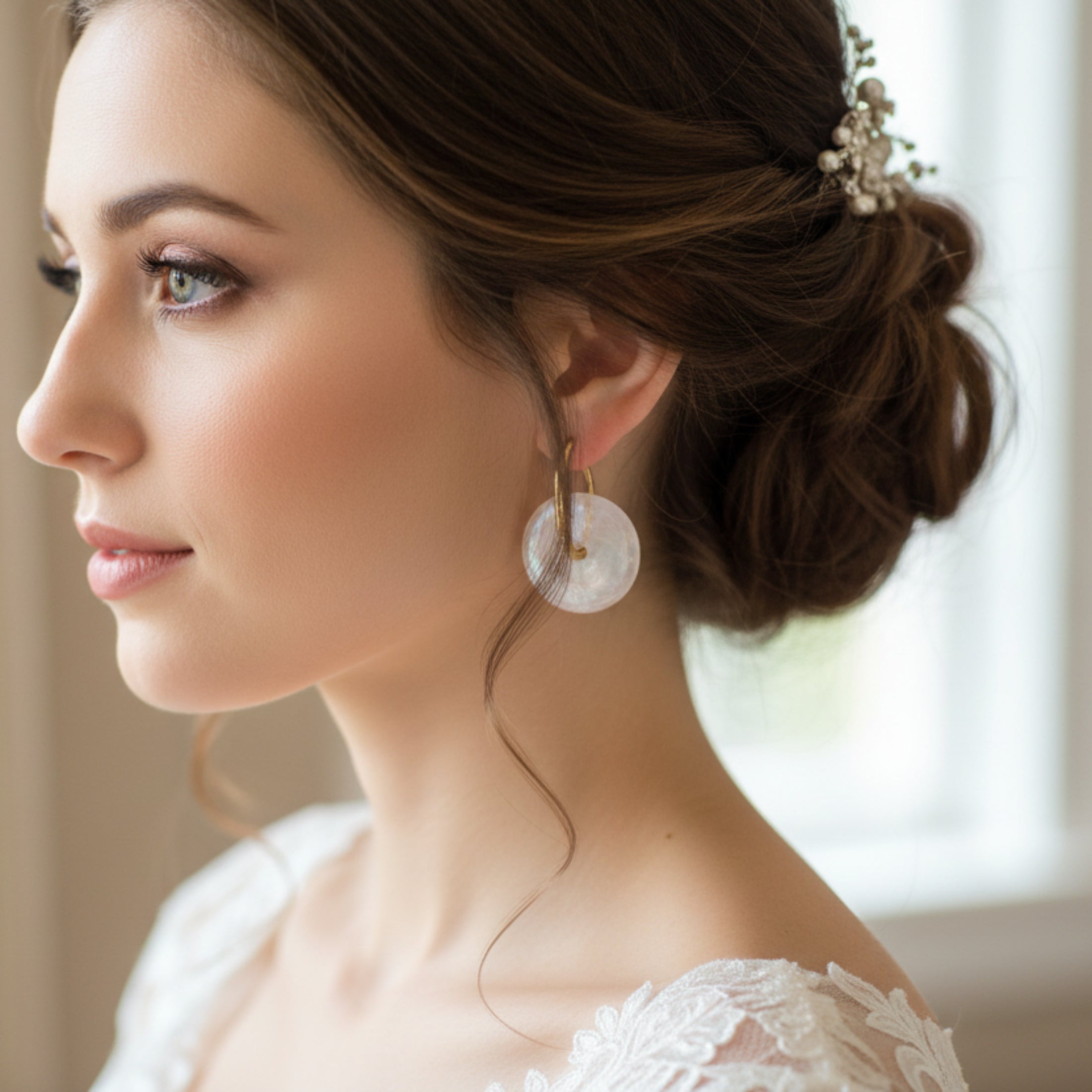 Pampilles Promesse portées - Boucles d'oreilles mariage blanc nacré fait main ÔParis
