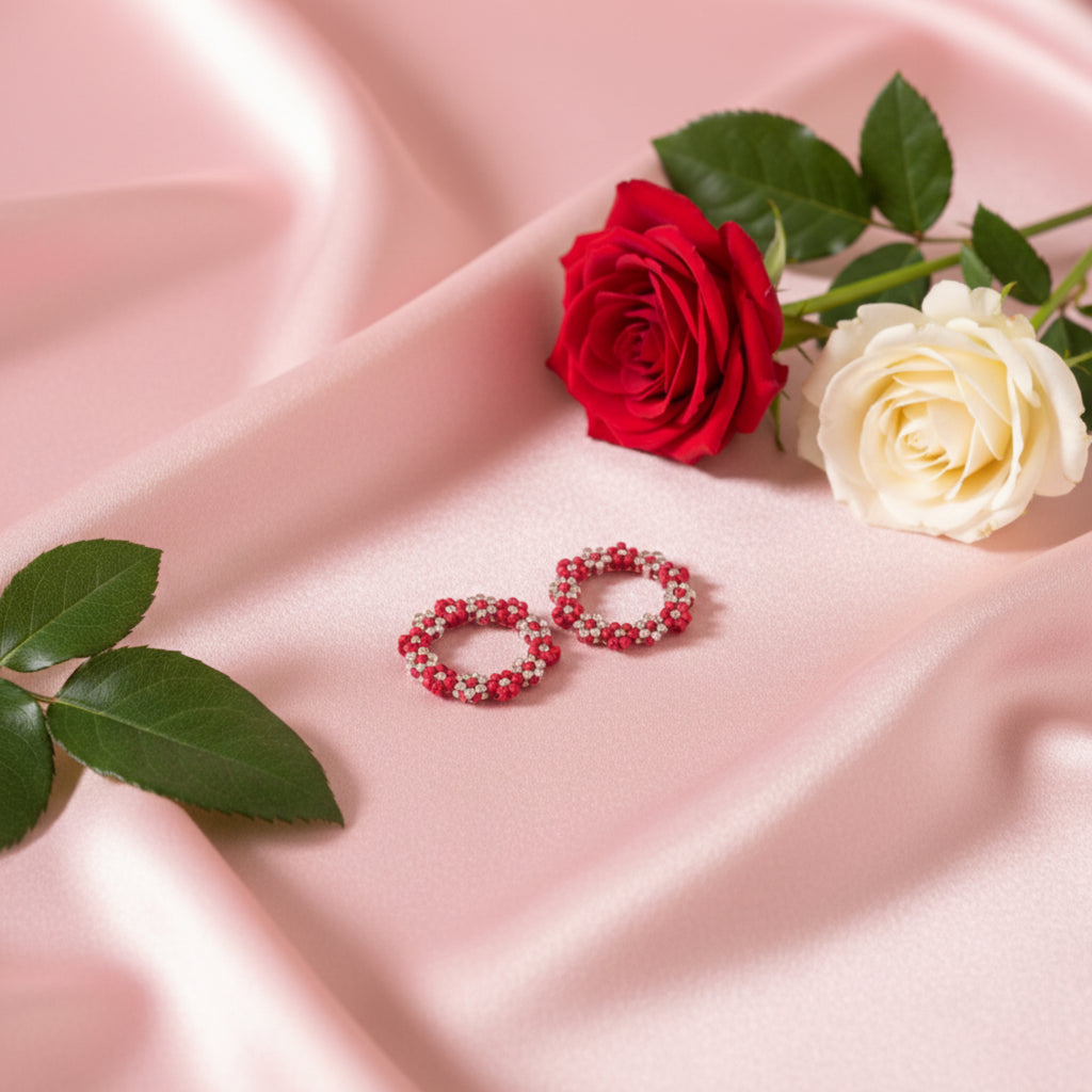 Pampilles Duo de Fleurs tissées en perles Miyuki bordeaux et doré - Création artisanale ÔParis 2,2 cm
