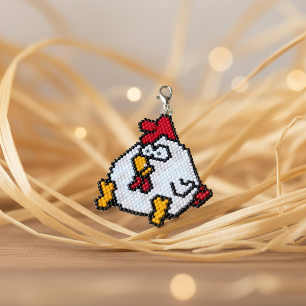 Charm Ginette la poulette fait main en perles Miyuki blanc, rouge et jaune - ÔParis
