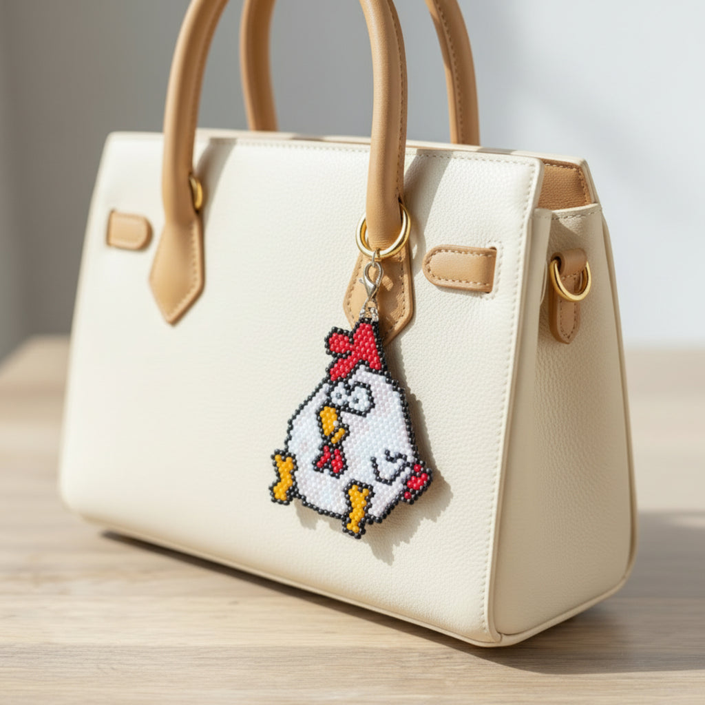 Charm Ginette la poulette en perles Miyuki accroché sur sac à main - Accessoire fait main ÔParis
