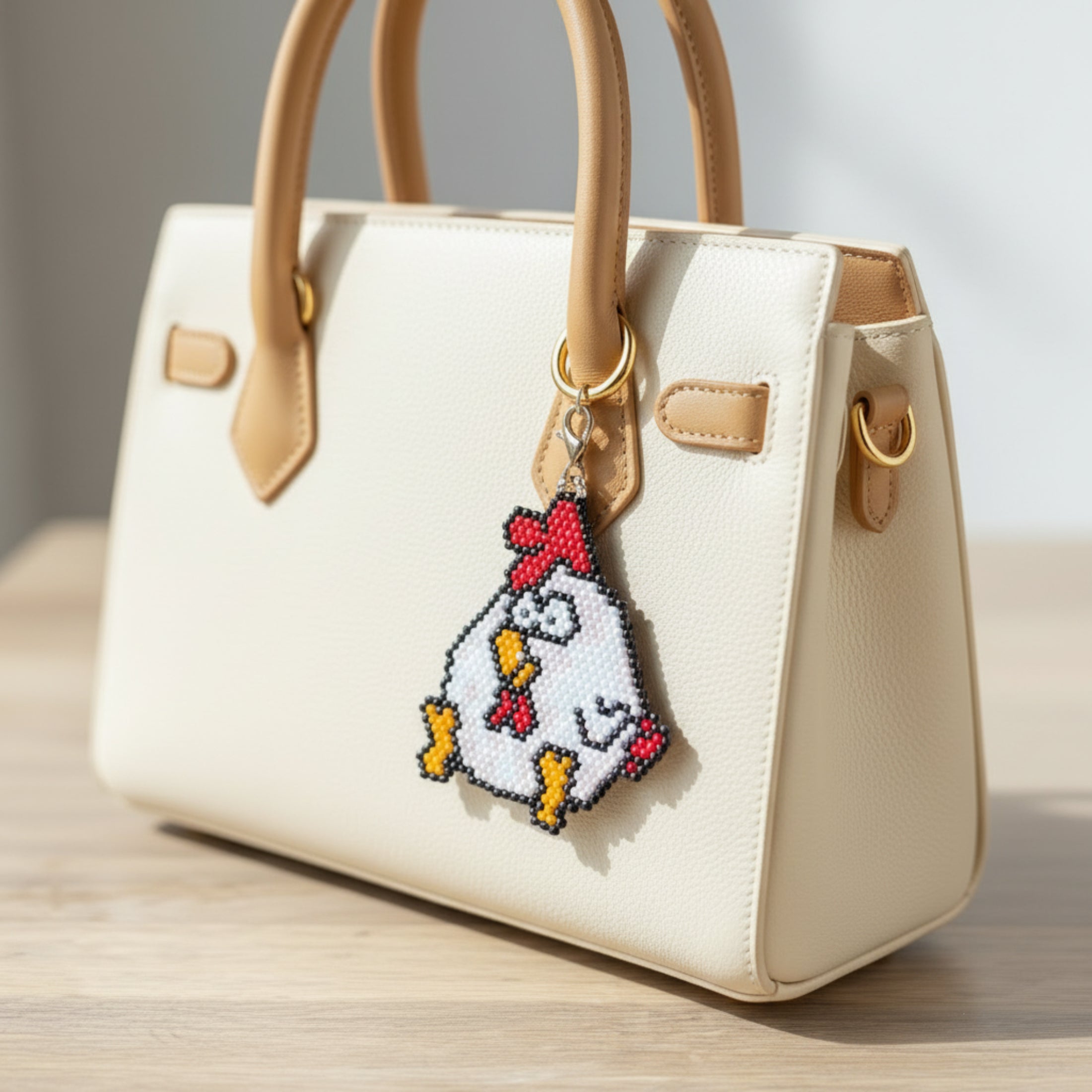 Charm Ginette la poulette en perles Miyuki accroché sur sac à main - Accessoire fait main ÔParis
