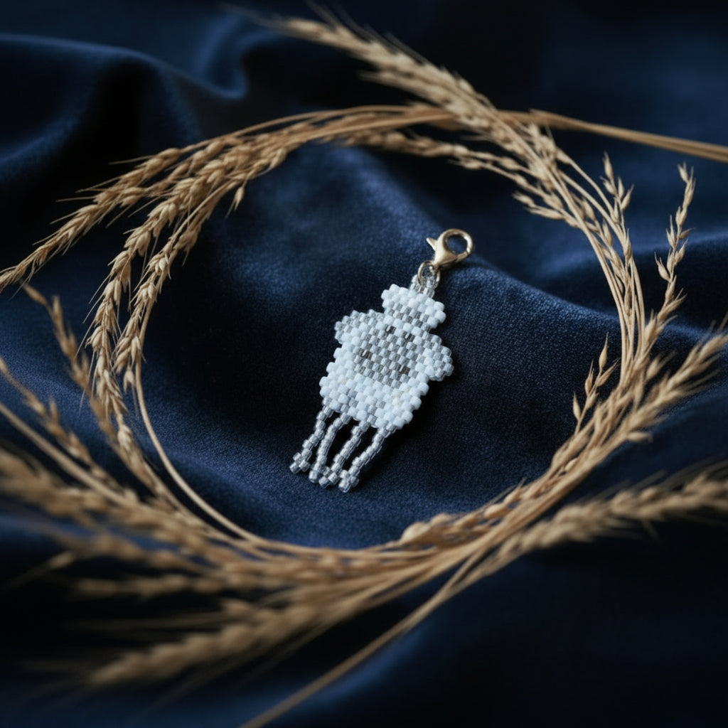 Charm Fripon le mouton fait main en perles Miyuki blanc et gris pâle - ÔParis
