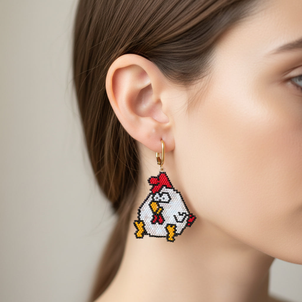 Boucle d'oreille originale avec charm Ginette la poulette en perles Miyuki - Création fait main ÔParis
