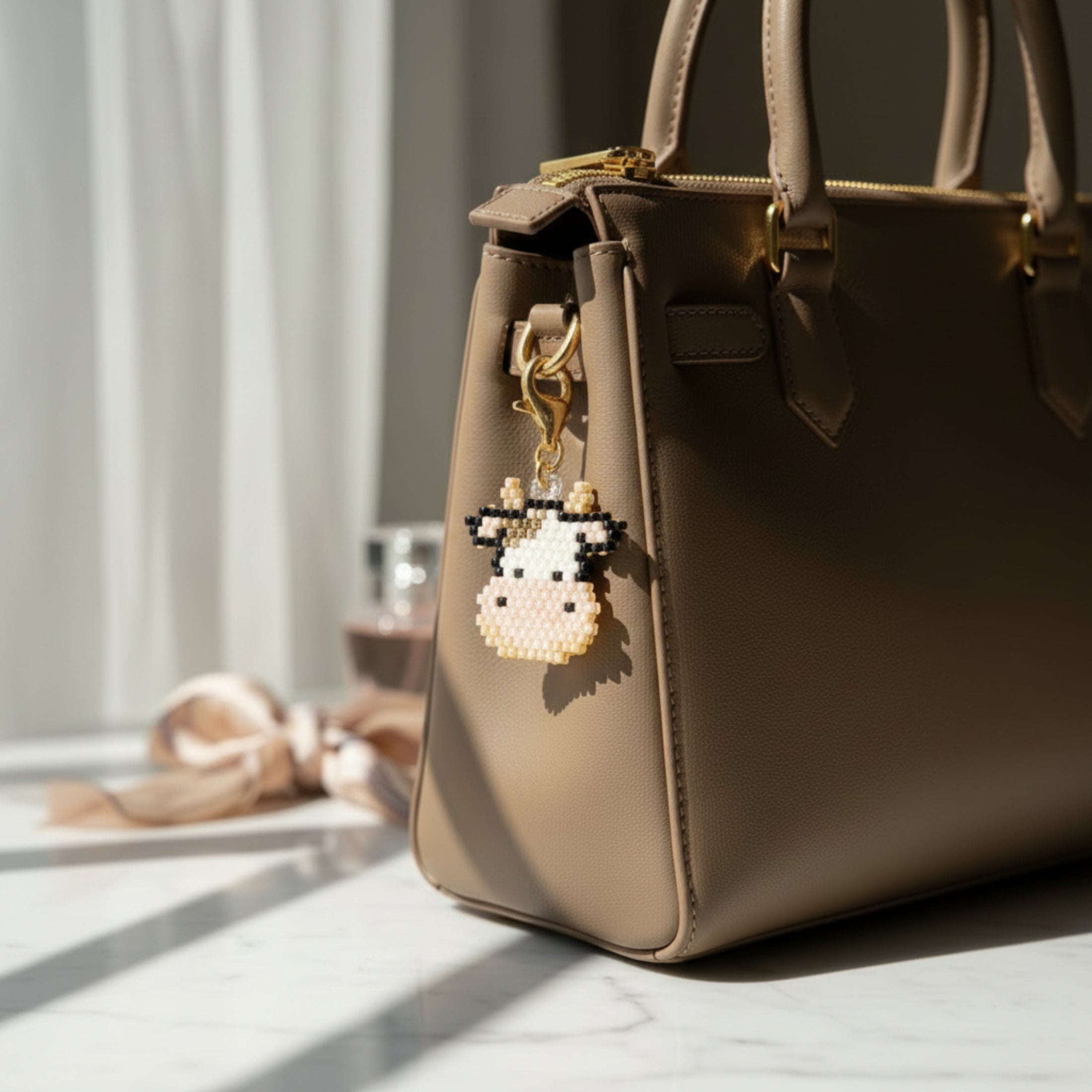 Charm Rosalie la Vachette en perles Miyuki accroché sur sac à main - Accessoire fait main ÔParis
