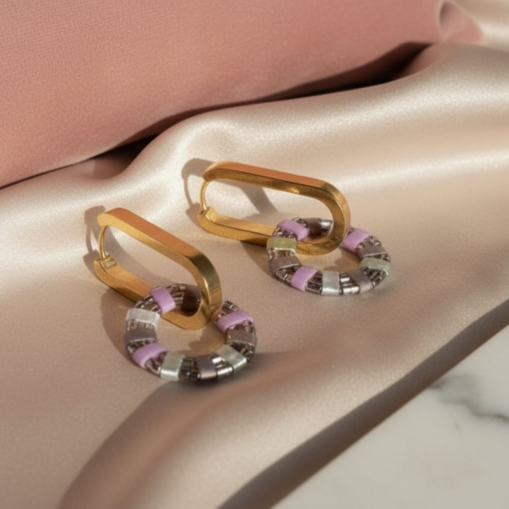 Pampilles Camille ÔParis - pampilles fait main perles Miyuki Tila mauve argent créoles
