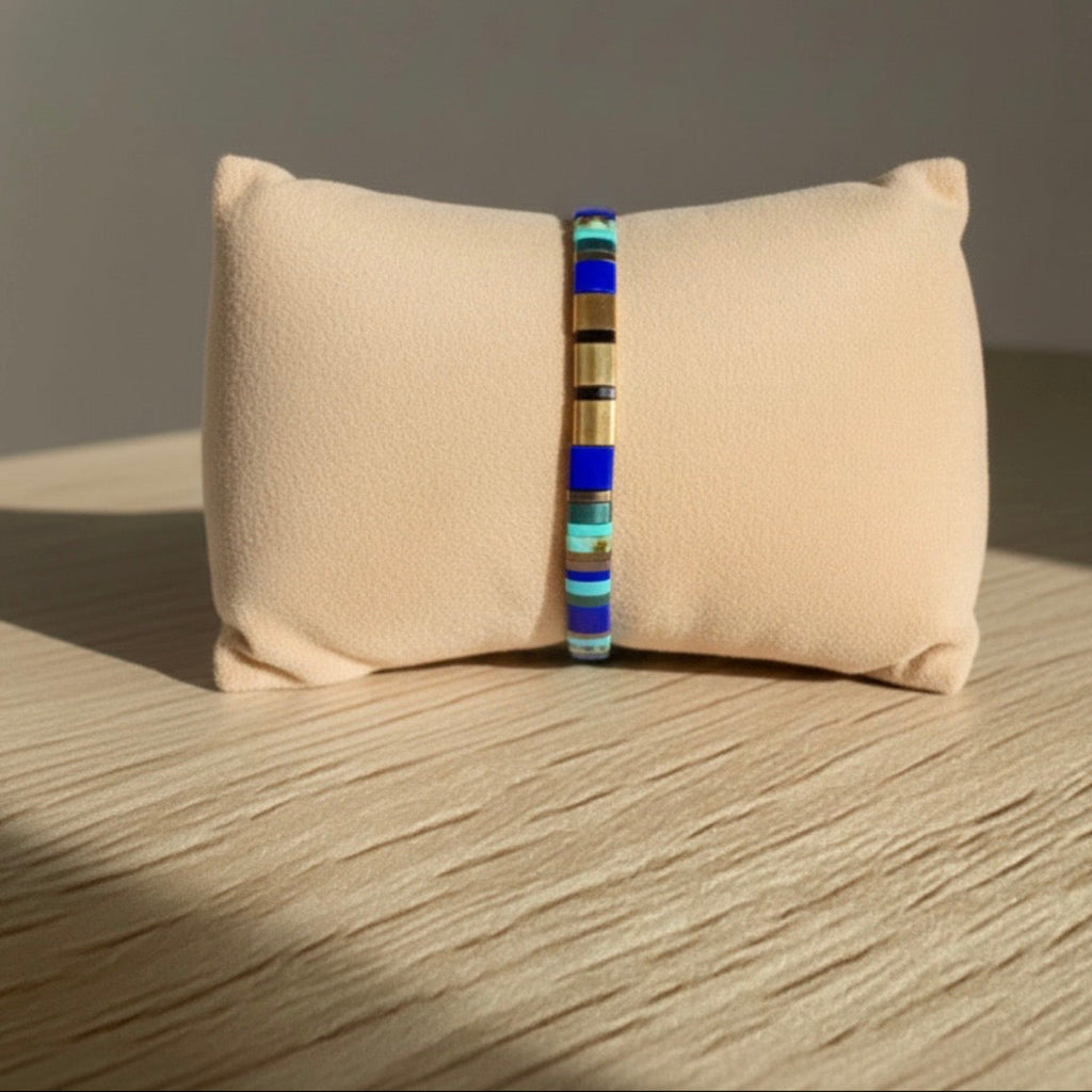 Bracelet Tilan ÔParis - bracelet fait main perles Miyuki Tila bleu argent cordon réglable coton ciré
