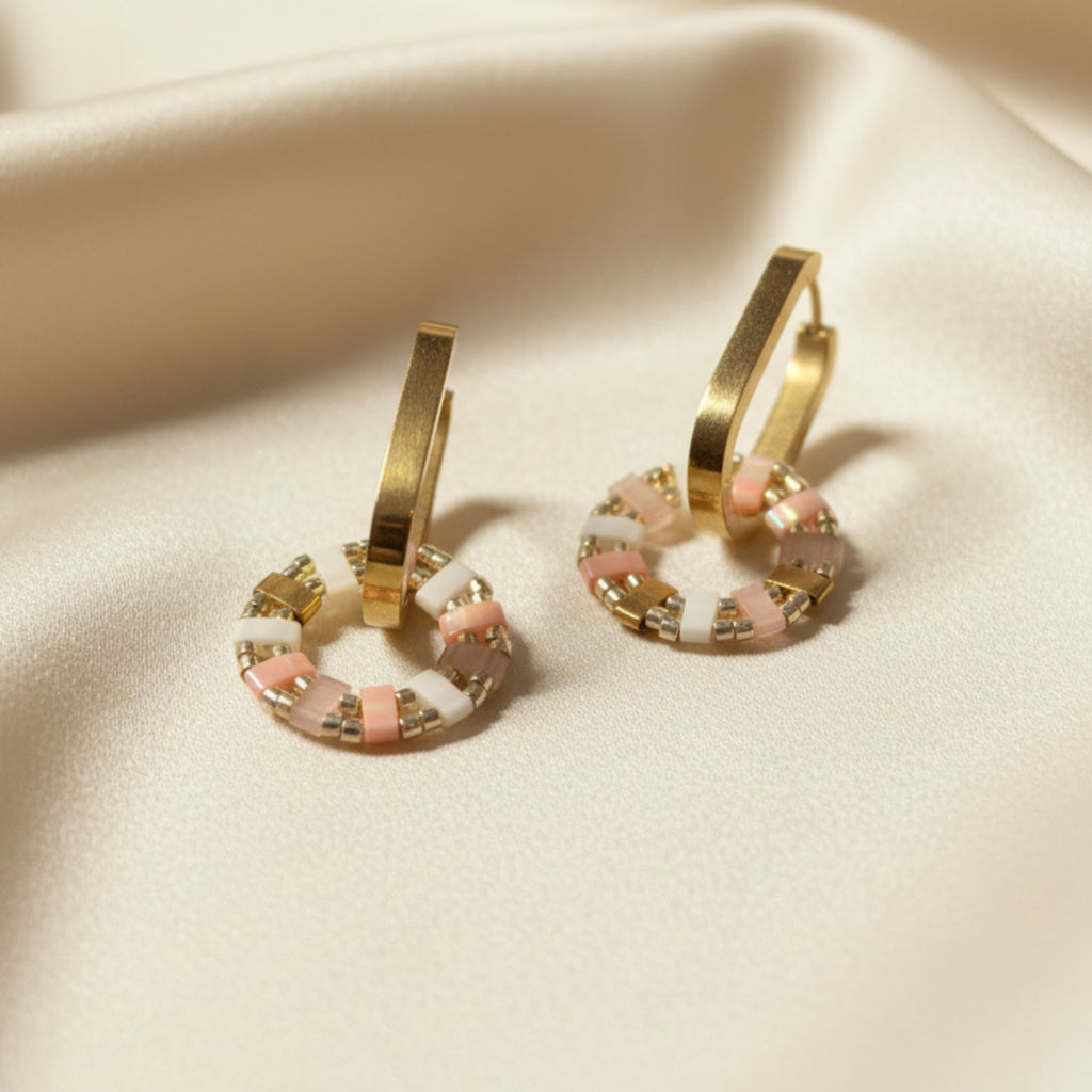 Pampilles Liam ÔParis - pampilles fait main perles Miyuki Tila rose saumon or 24K créoles
