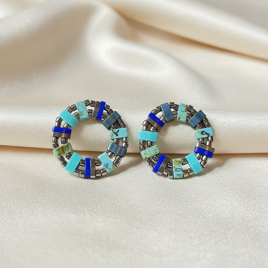 Pampilles Tilan ÔParis - pampilles fait main perles Miyuki Tila bleu argent créoles
