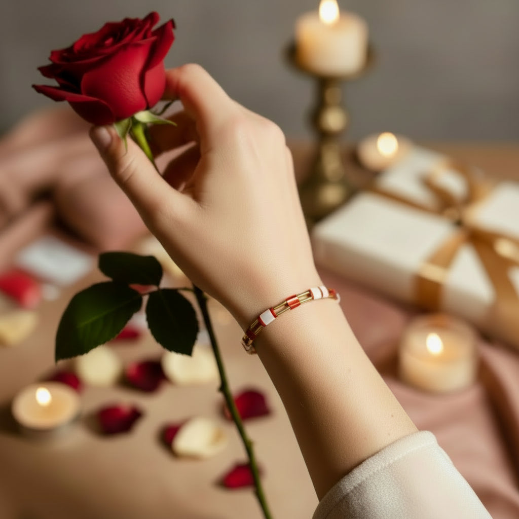 Main féminine portant le Bracelet Amour ÔParis rouge et blanc tenant une rose rouge, ambiance romantique Saint-Valentin avec bougies et pétales
