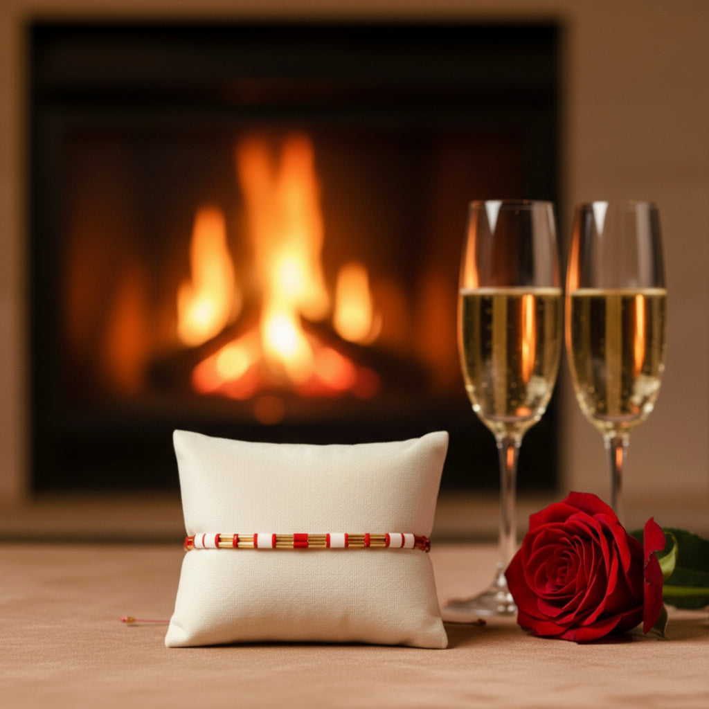 Bracelet Amour ÔParis en perles Miyuki rouge et blanc avec accents dorés, présenté sur coussin ivoire devant une cheminée avec champagne et rose rouge
