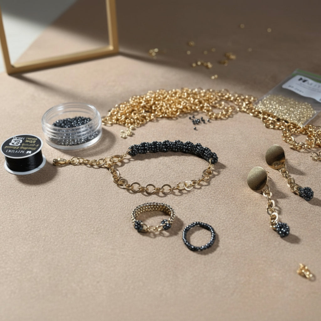 Parure Éclat de Minuit ÔParis détail tissage Miyuki Delicas et chaîne dorée
