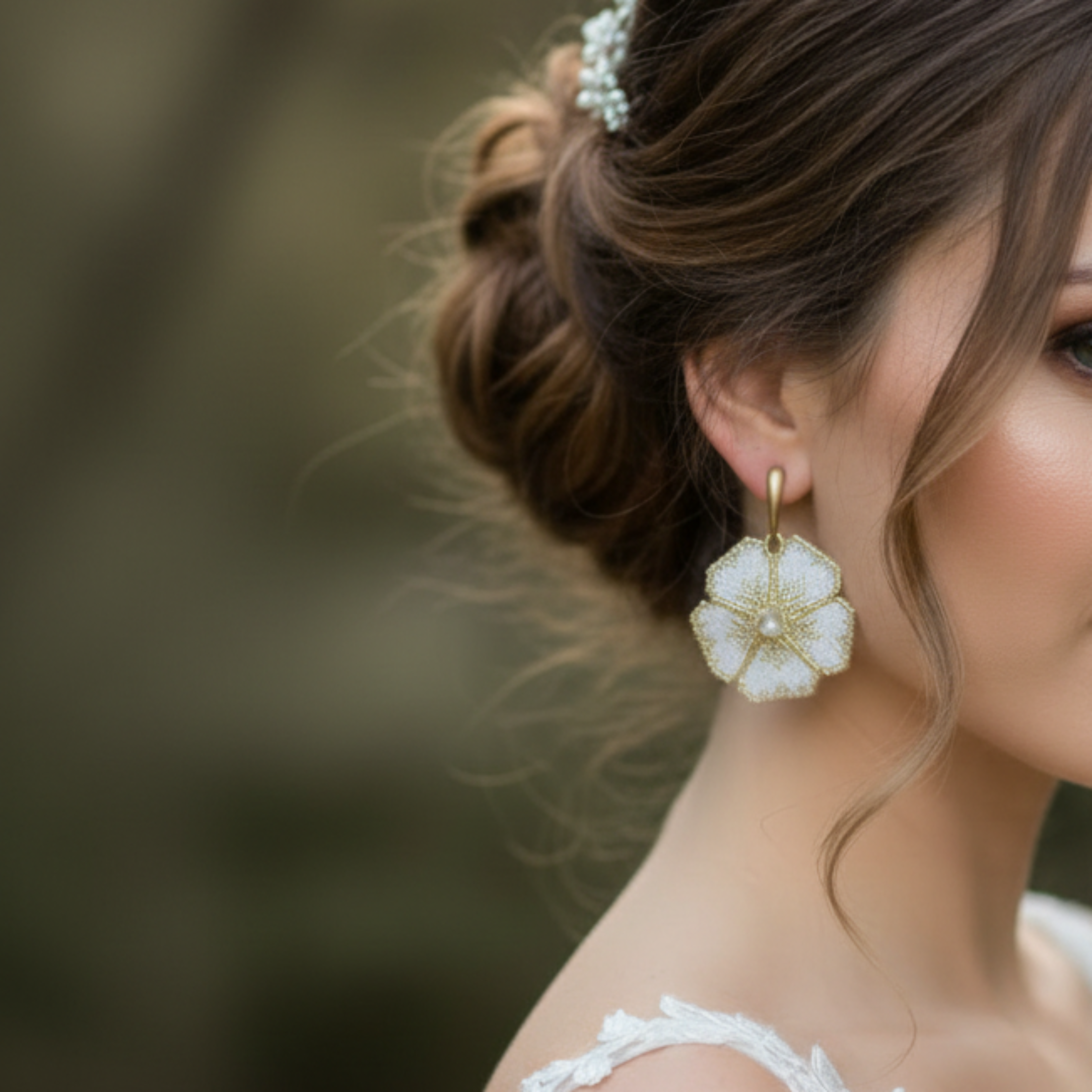 Boucles d'oreilles Sara ÔParis portées par une mariée, bijou fait main Miyuki blanc et or