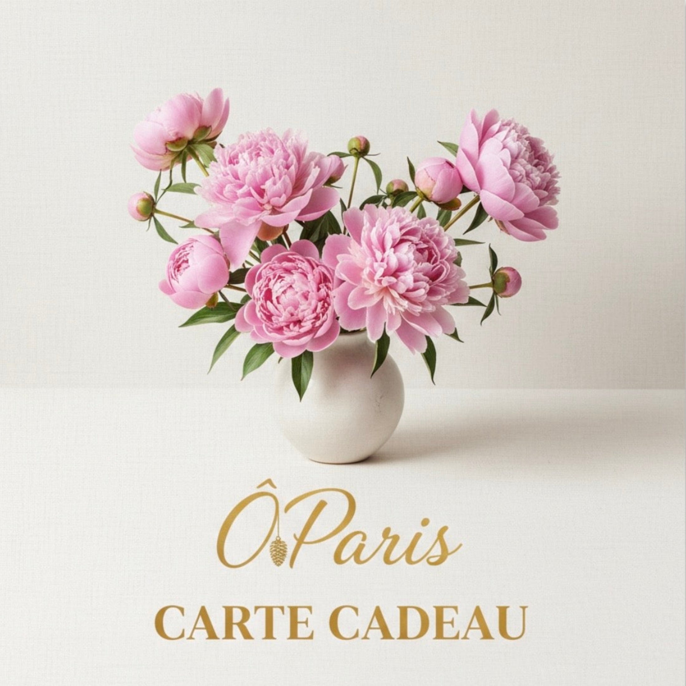 Carte-cadeau ÔParis — pivoines roses en vase blanc, finition dorée.