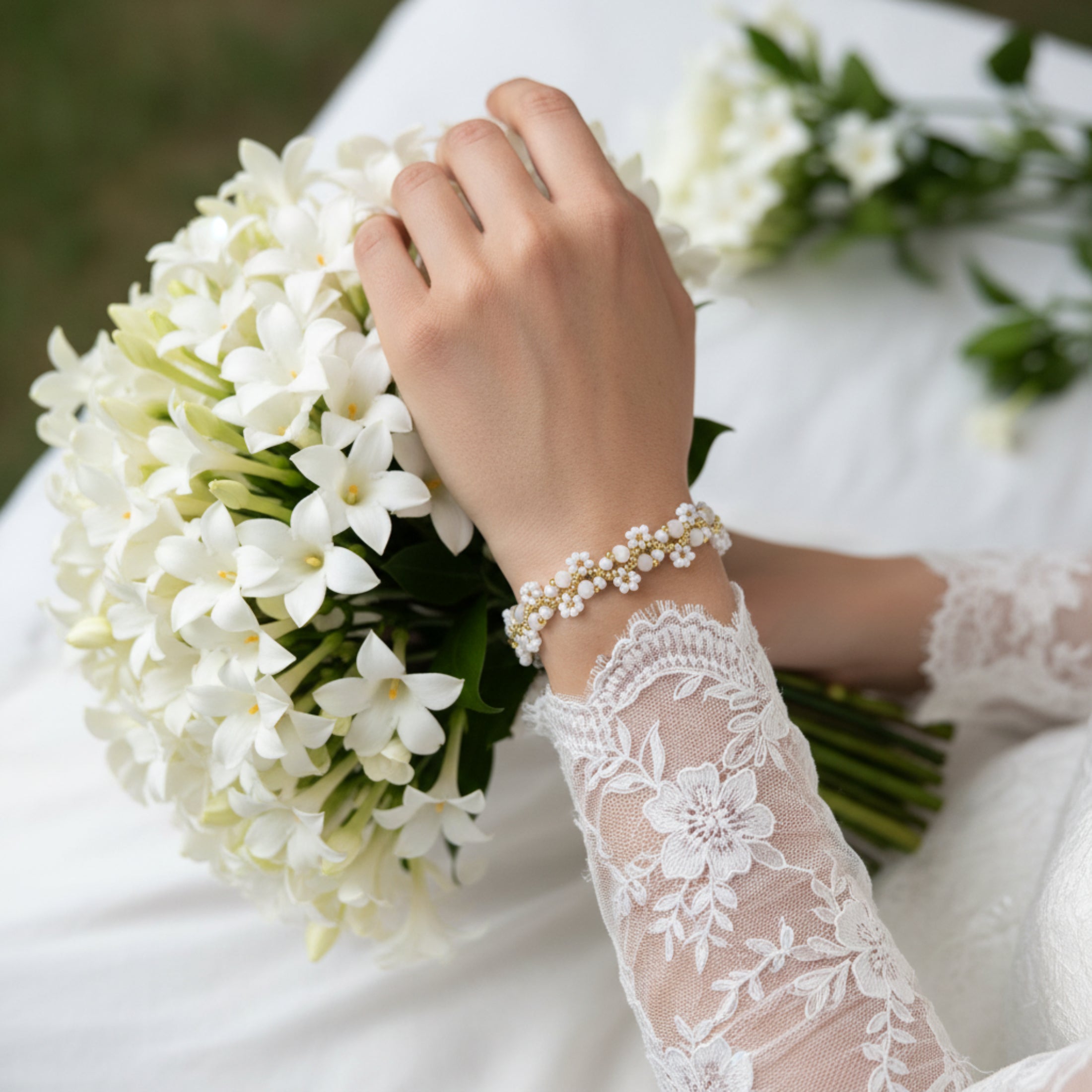  Bracelet de mariée tissé main perles verre facettes blanc nacré et rocailles dorées, fermoir doré ajustable