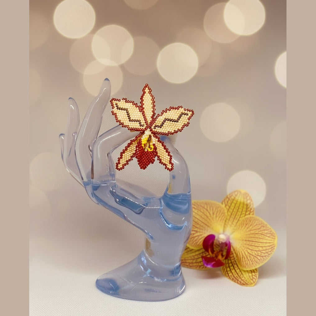 Broche Orchidée fait main perles Miyuki jaune rouge doré artisanale ÔParis