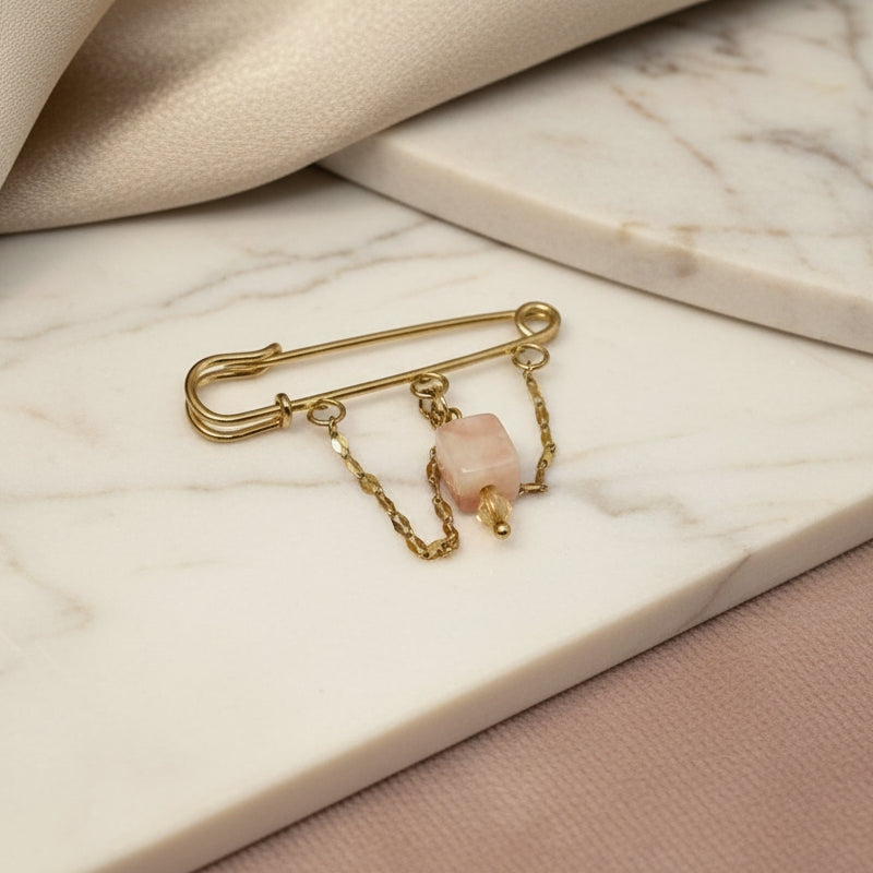 Broche élégante fait main en acier inoxydable avec chaînes pendantes et perles rosées - ÔParis