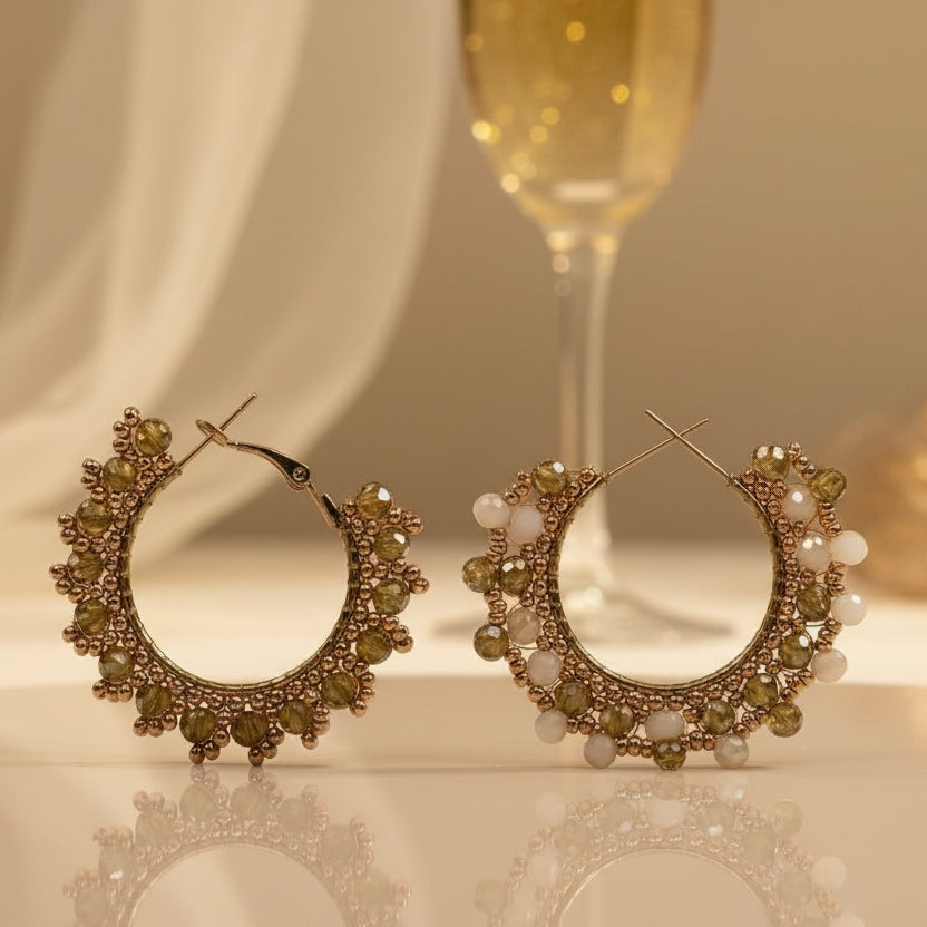 Créoles Annamay ÔParis tissées fait main perles Miyuki dorées et toupies verre champagne - ÔParis 