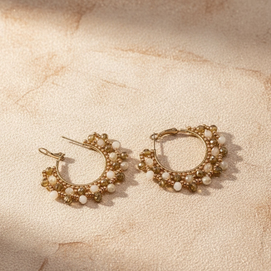 Créoles Annamay ÔParis tissées champagne et beige perles Miyuki dorées artisanales - ÔParis