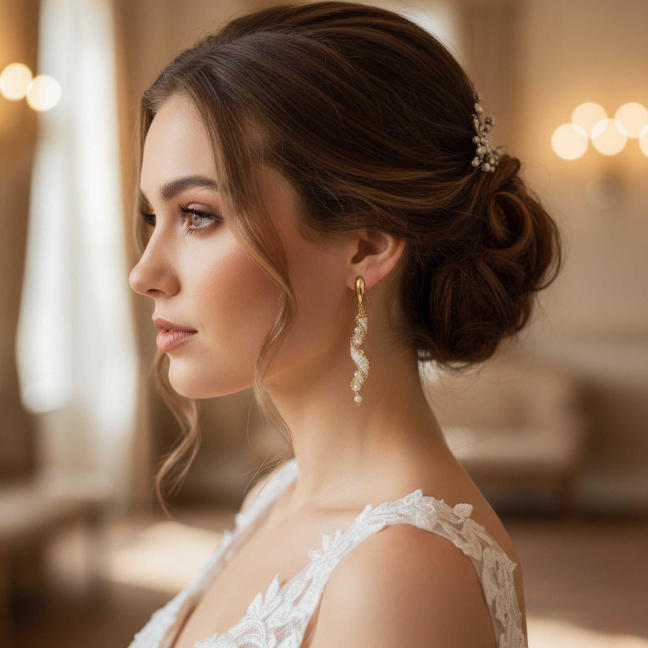 Boucles d'oreilles Enlacées portées par une mariée - Bijou artisanal élégant blanc et doré