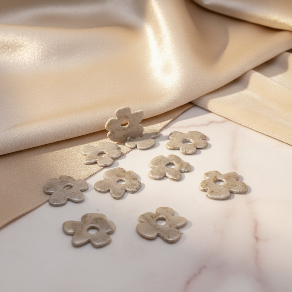 Pampilles Marina seules, fleur en pâte polymère blanc gris beige doré, résine UV, fait main