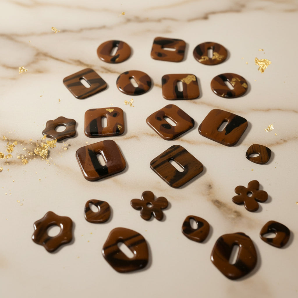 Collection complète Pampilles ChocoChic -  formes disponibles en résine UV chocolat avec feuilles d'or
