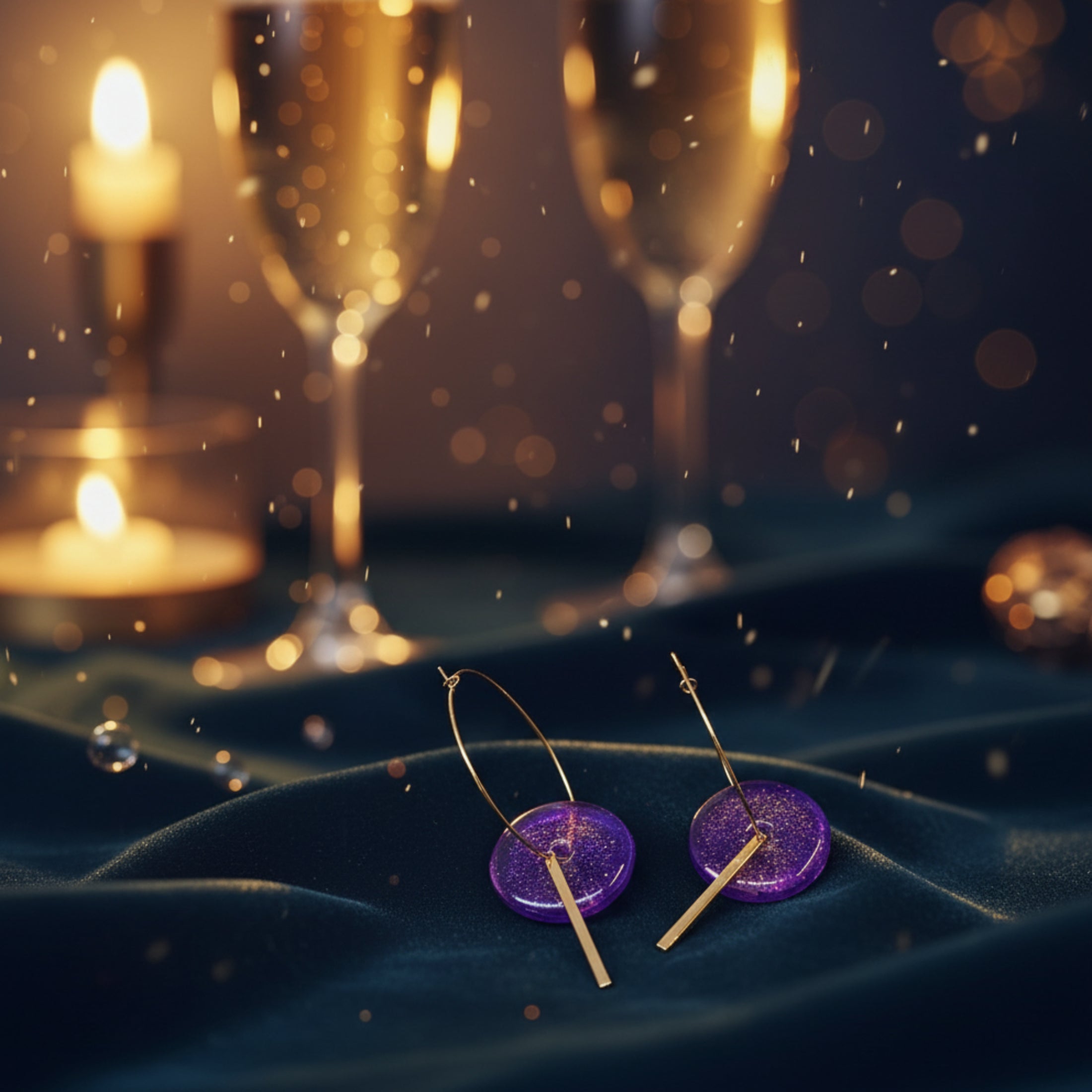 Boucles d'oreilles divinement mauve plaqué or - rond mauve pailleté fait main avec bâton doré - ambiance soirée
