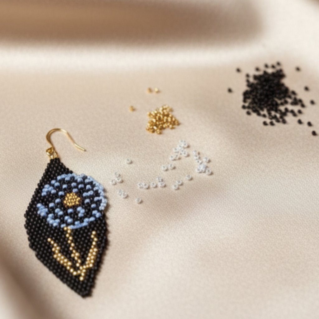 Détail boucles d'oreilles fait main perles Miyuki losange pissenlit, acier inoxydable doré, 4,76 g
