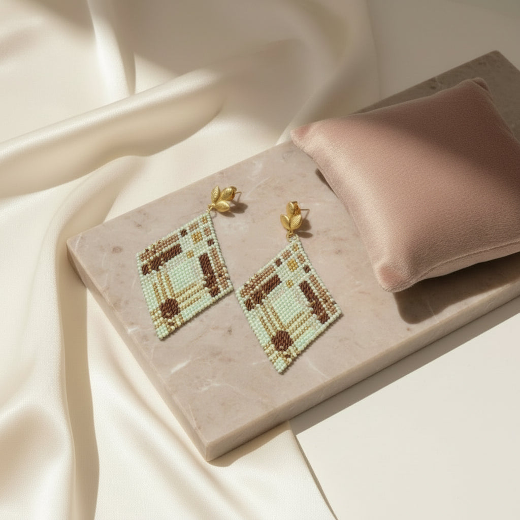 Boucles d'oreilles losange en perles Miyuki vert menthe et marron, monture dorée motif feuille, finition mate.
