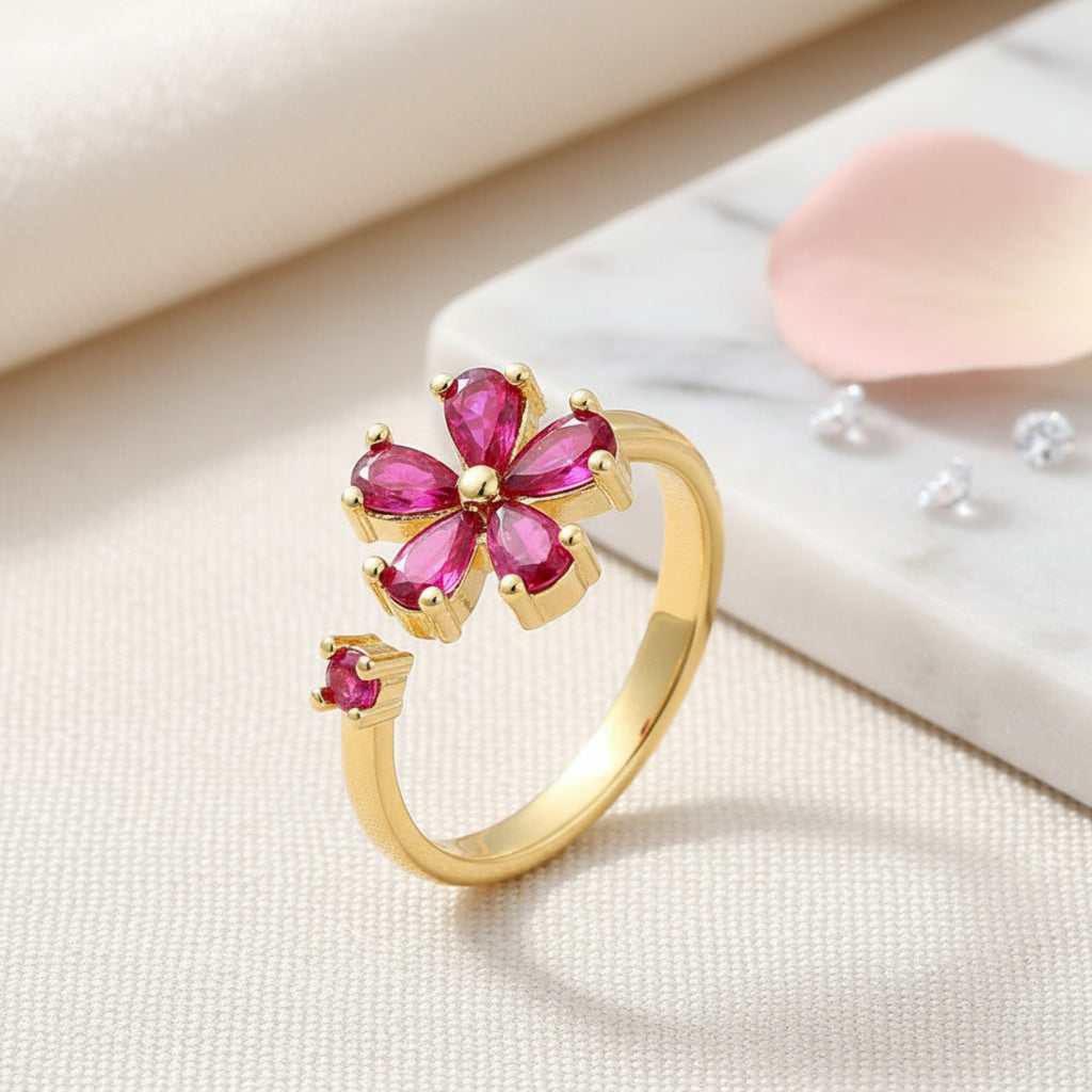 Bague Jolie Tolo - Bague dorée fleur diamants CZ rose foncé plaquage or
