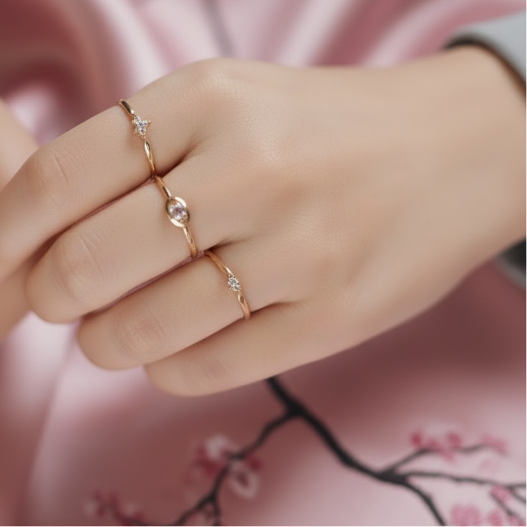 Femme portant la bague Janie - Bague fine dorée zirconium acier inoxydable
