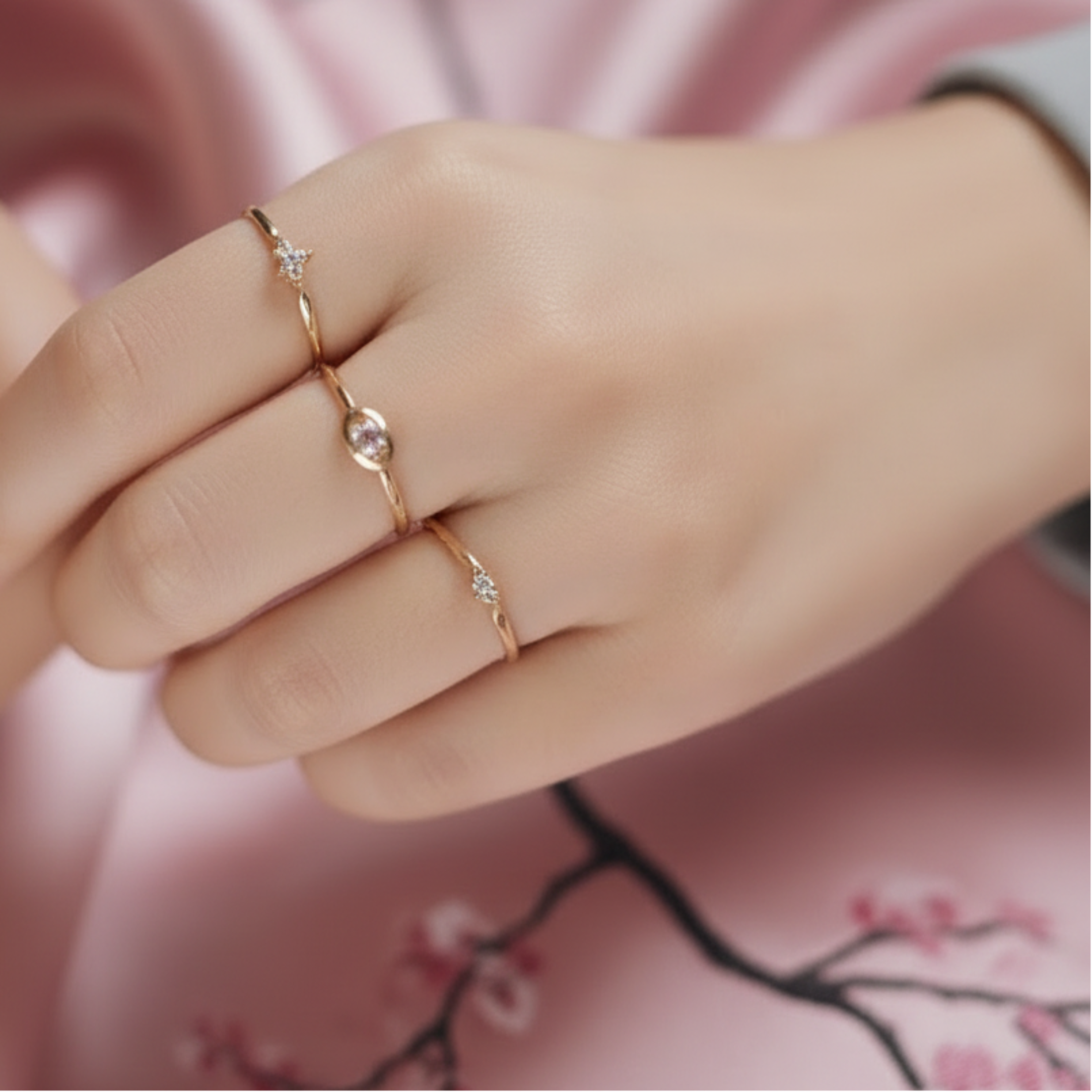 Femme portant la bague Janie - Bague fine dorée zirconium acier inoxydable
